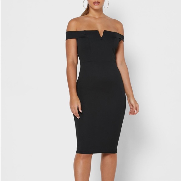 Missguided V Front Bardot Midi Dress Black - Picture 1 of 12